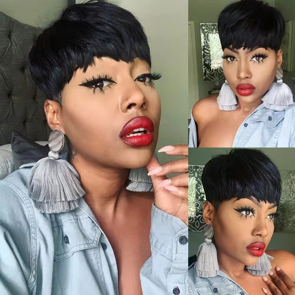 Pixie Cut Wigs for Black Women Human Hair Short Bob Wig Human Hair Wigs with Bangs Layered Style Bob Wigs for Black Women None Lace Full Machine Real Hair Wigs for Women