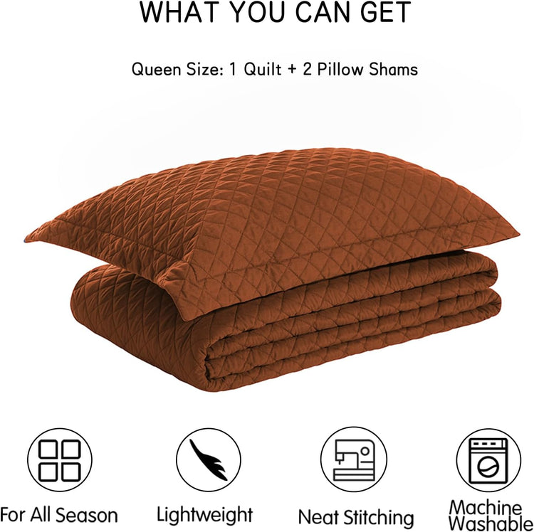 Queen Quilt Bedding Set with Pillow Shams, Full Queen Size Quilt Brunt Orange, Lightweight Bedspreads Soft Reversible Coverlet for All Season 3Pcs Rust Diamond Quilted Bed Set(90"X96")