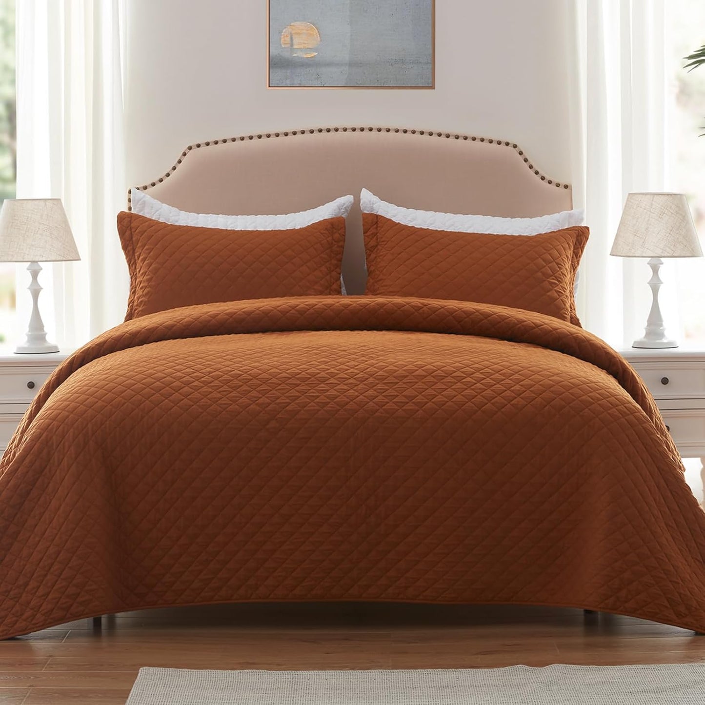 Queen Quilt Bedding Set with Pillow Shams, Full Queen Size Quilt Brunt Orange, Lightweight Bedspreads Soft Reversible Coverlet for All Season 3Pcs Rust Diamond Quilted Bed Set(90"X96")