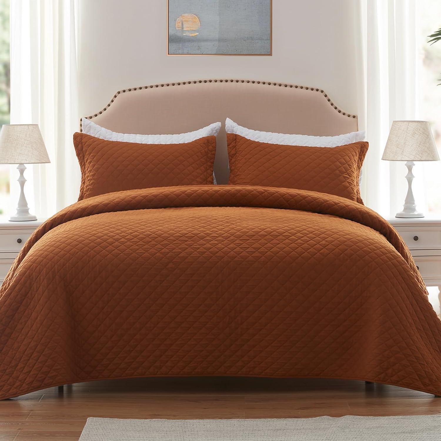 Queen Quilt Bedding Set with Pillow Shams, Full Queen Size Quilt Brunt Orange, Lightweight Bedspreads Soft Reversible Coverlet for All Season 3Pcs Rust Diamond Quilted Bed Set(90"X96")