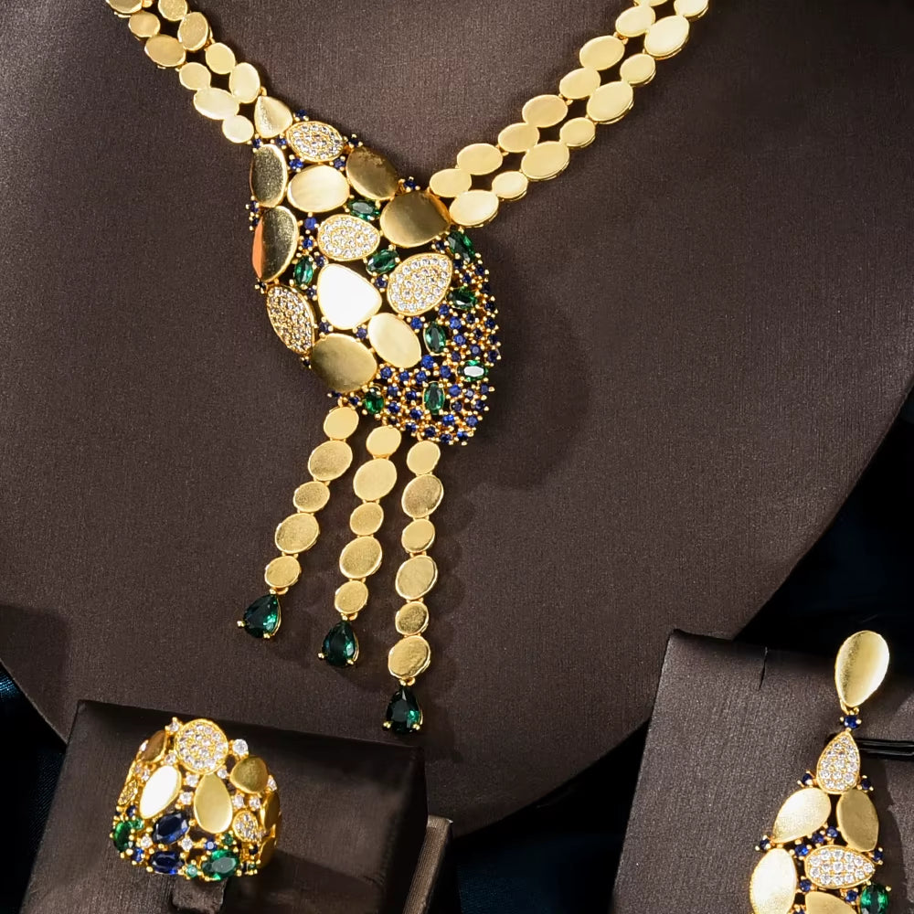 NEW Trendy 4PCS Luxury Tssels Drop Jewelry Set for Women Wedding Cubic Zircon CZ Indian African Dubai Bridal Jewelry