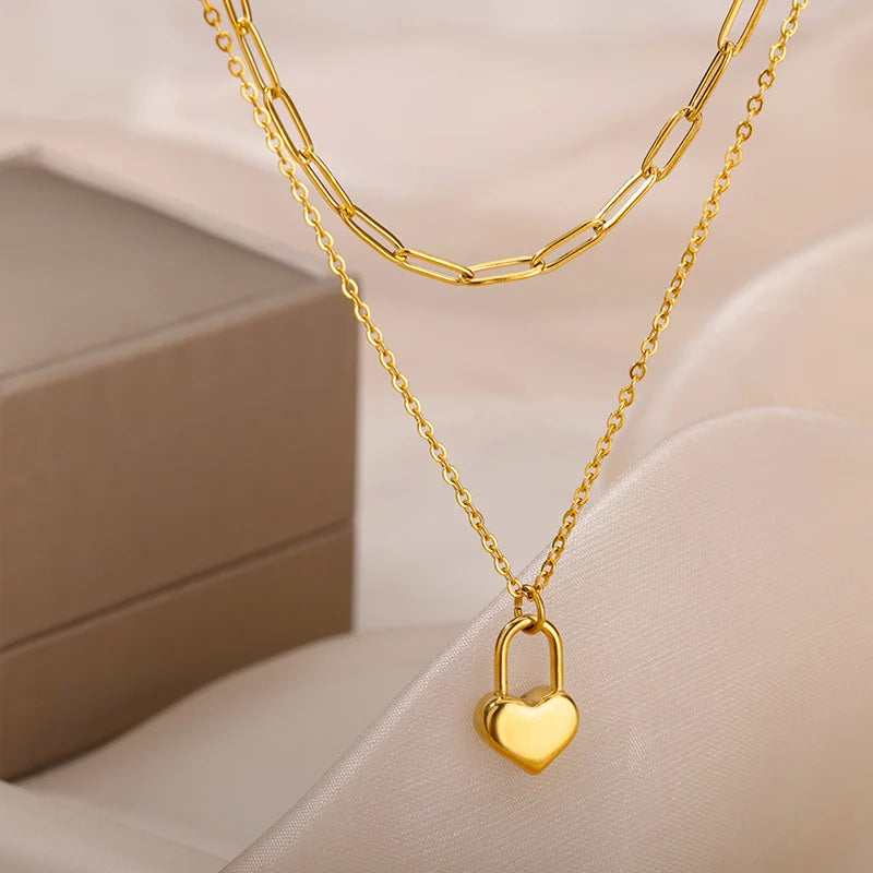 Stainless Steel Heart Necklaces for Women Multilayer Chain Gold Plated Heart Pendant Necklace Wedding Jewelry Gift BFF 2023