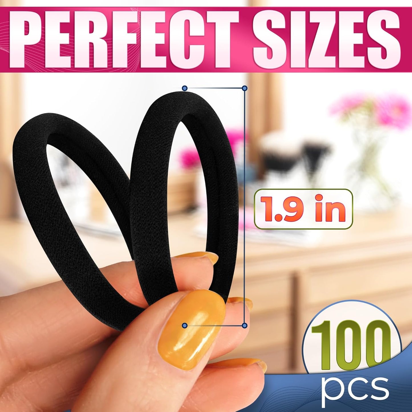 100 Pcs Soft Black Hair Ties Bulk – 1.9" Seamless Cotton Ponytail Holders, Small Black Elastic Hair Ties No Damage, Breathable & Gentle to Wear – Elasticity & Strength, Reliable & Strong Hold