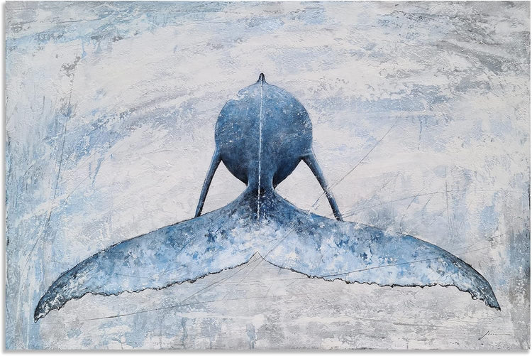 Coastal Canvas Wall Art - Blue and White Whale Paintings - Modern Abstract Tropical Fish Pictures with Textured for Bathroom Bedroom Living Room Decor