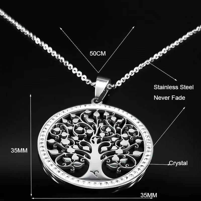 Tree of Life Crystal Stainless Steel Statement Necklace Women Silver Color Necklace Jewelry Christmas Gift Collar Mujer N49S03