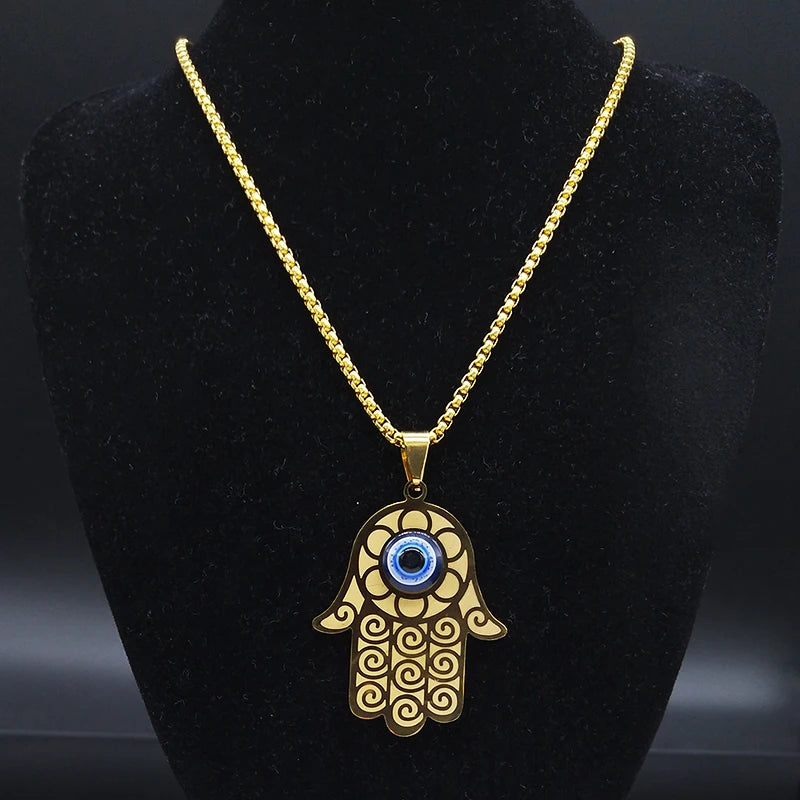 Blue Turkish Demon Eye Hamasa Hand Stainless Steel Hand of Fatima Necklace Women Men Necklace Jewelry Collares Mujer N1139S02