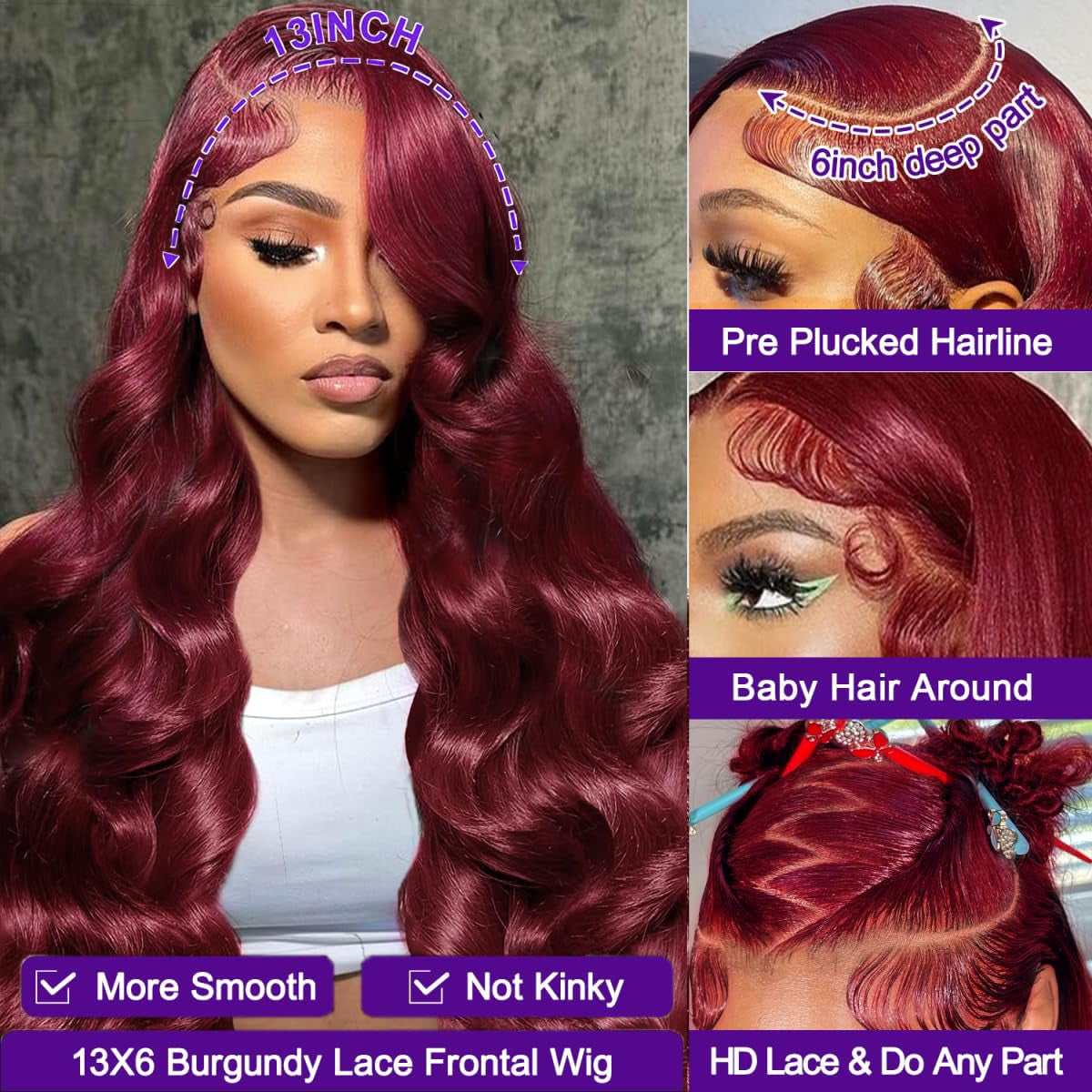 26 Inch 99J Burgundy Lace Front Wigs Human Hair Pre Plucked 200% Density Body Wave Lace Front Wigs Human Hair Red Wig HD Transparent Full Frontal 13X6 Glueless Colored Natural Wig for Woman