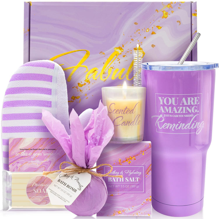 Self Care Gifts for Women Get Well Soon Gifts, Purple Birthday Gift Baskets, 8Pcs Lavender Bath and Body Sets with 20Oz Vacuum Insulated Tumbler Mother&