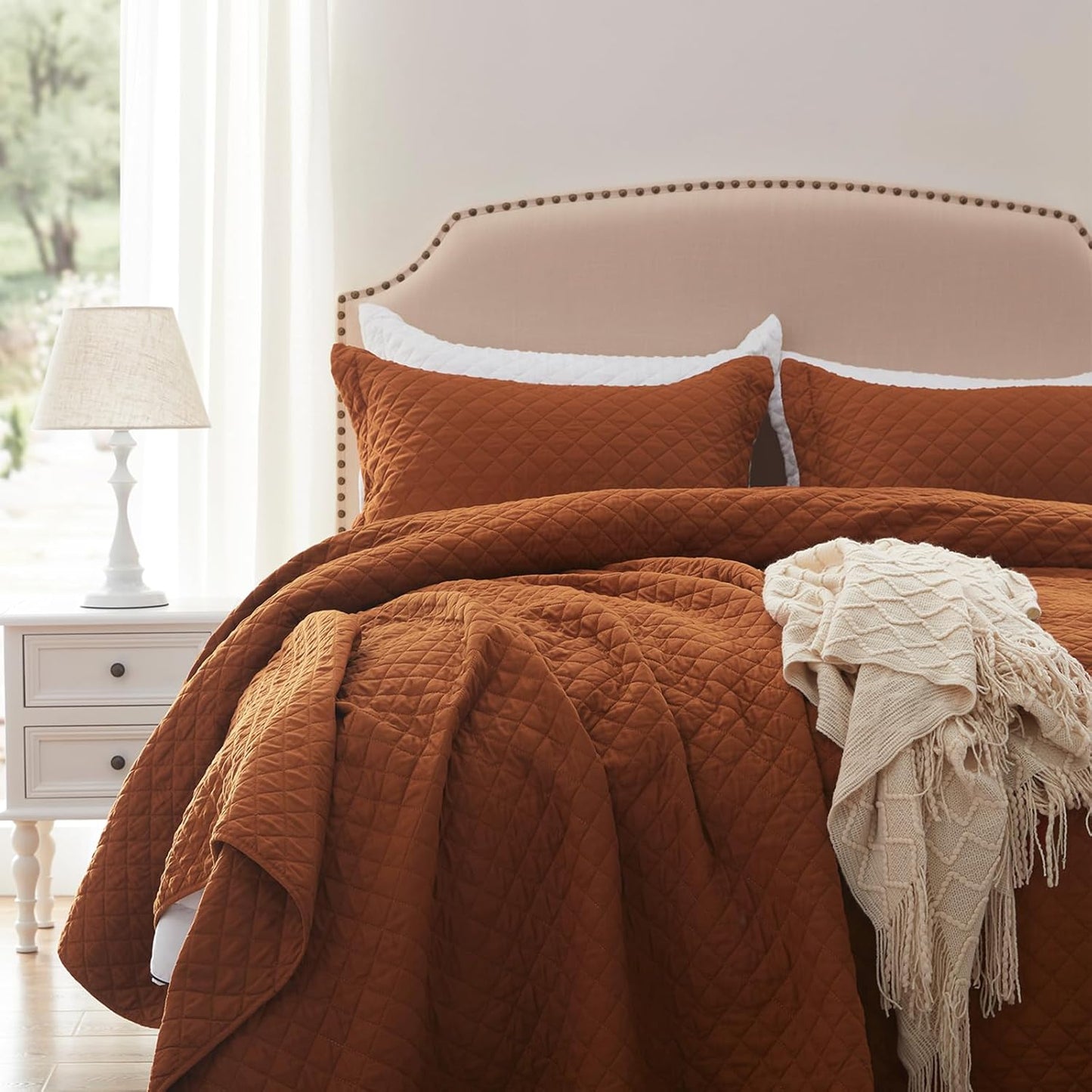 Queen Quilt Bedding Set with Pillow Shams, Full Queen Size Quilt Brunt Orange, Lightweight Bedspreads Soft Reversible Coverlet for All Season 3Pcs Rust Diamond Quilted Bed Set(90"X96")