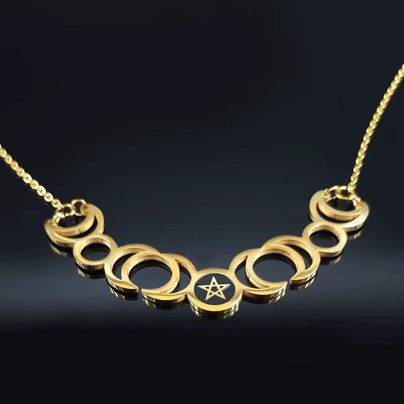 Triple Moon Goddess Sun Pentagram Stainless Steel Hecate Necklaces Witch Luna Necklace Jewelry Esotericos Y Brujeria N427