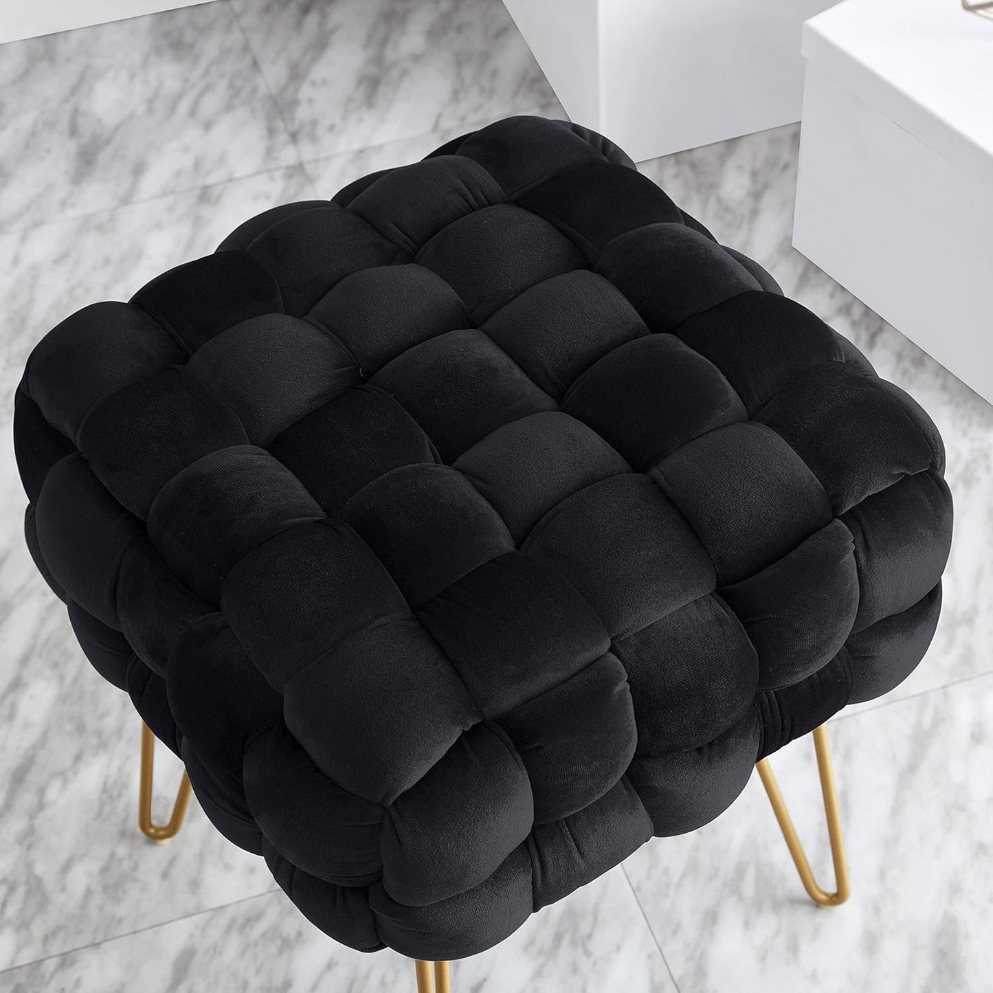 Mirage Modern Contemporary Square Woven Upholstered Velvet Ottoman with Gold Metal Legs - Black