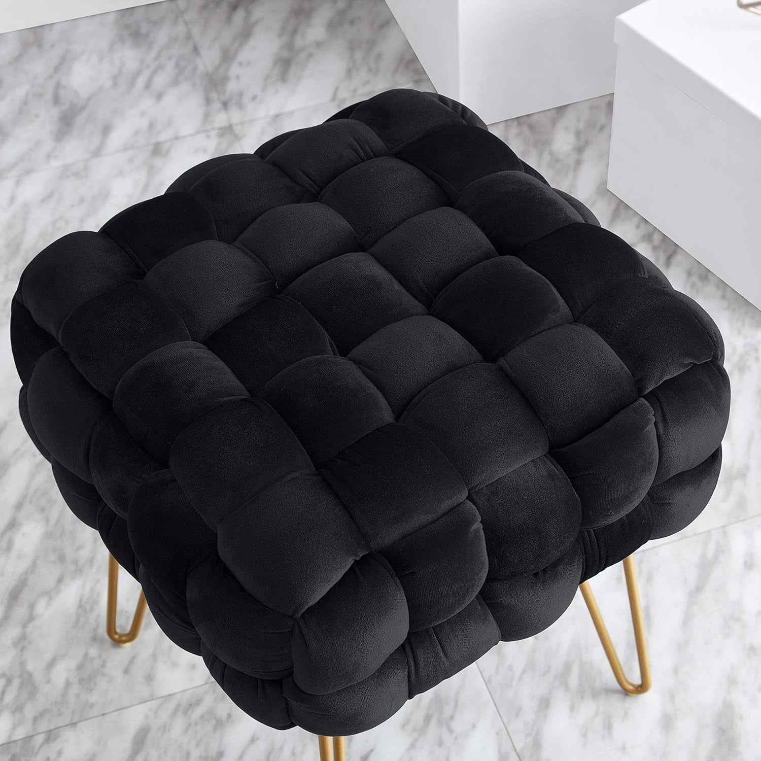 Mirage Modern Contemporary Square Woven Upholstered Velvet Ottoman with Gold Metal Legs - Black