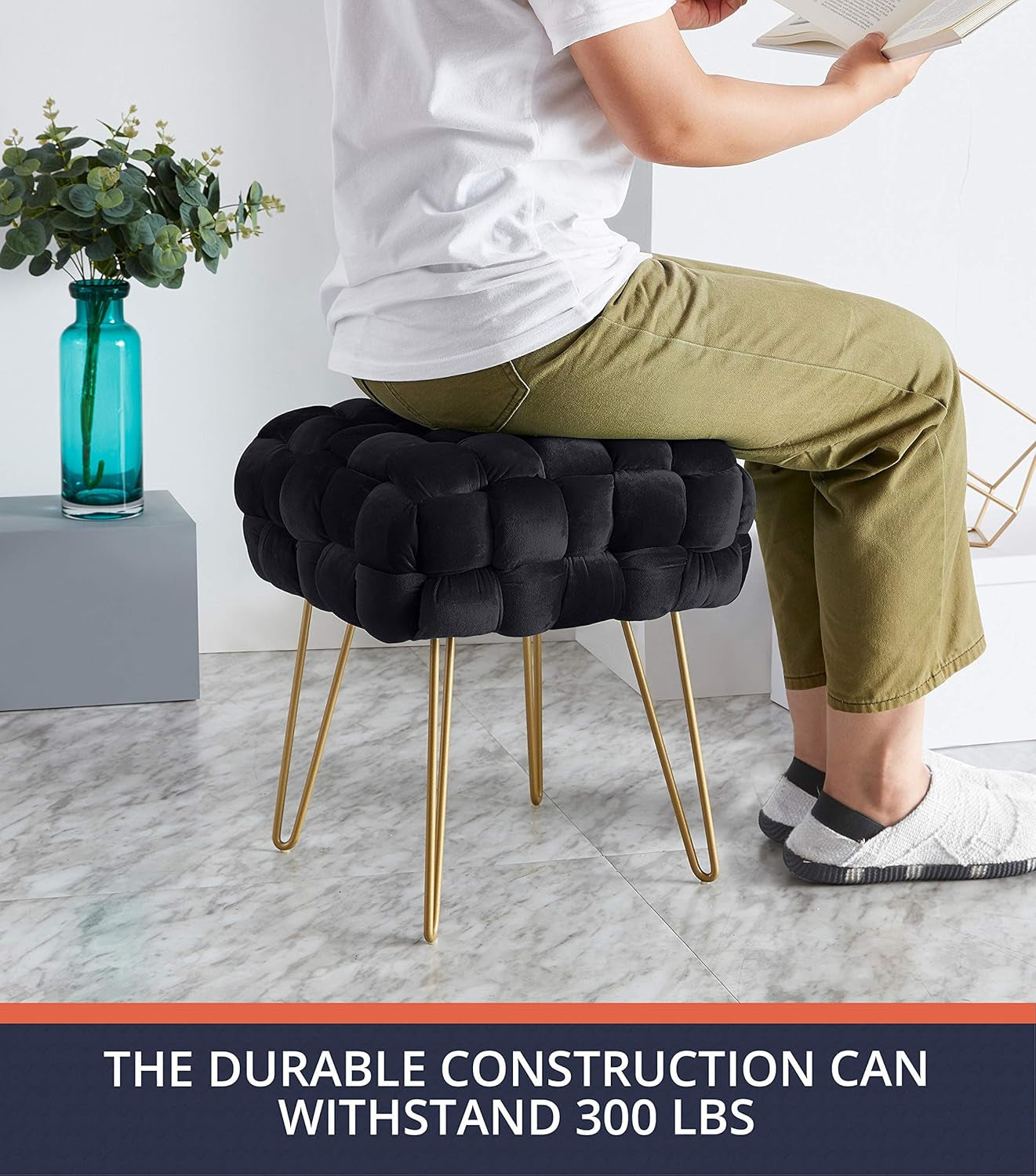 Mirage Modern Contemporary Square Woven Upholstered Velvet Ottoman with Gold Metal Legs - Black