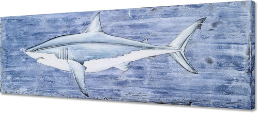 Shark Canvas Wall Art with Textured - Fish Paintings in Blue and White Color - Contemporary Sea Life Artwork for Living Room Bedroom Bathroom Decor