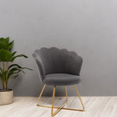 Faux Fur Vanity Accent Chair, Furry Makeup Chair with Back for Bedroom Makeup Room, Shell Shaped Living Room Chair Corner Chair with Golden Metal Legs, Grey