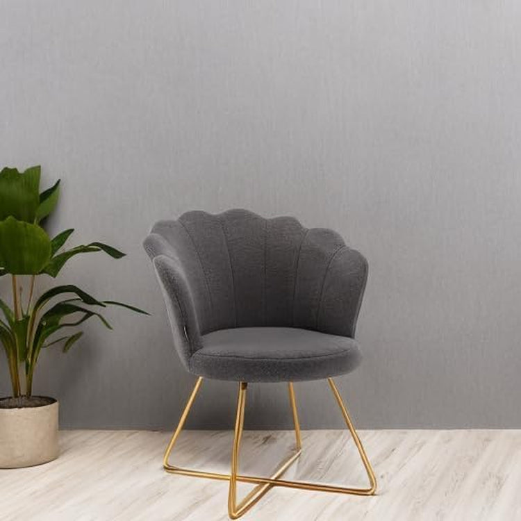 Faux Fur Vanity Accent Chair, Furry Makeup Chair with Back for Bedroom Makeup Room, Shell Shaped Living Room Chair Corner Chair with Golden Metal Legs, Grey