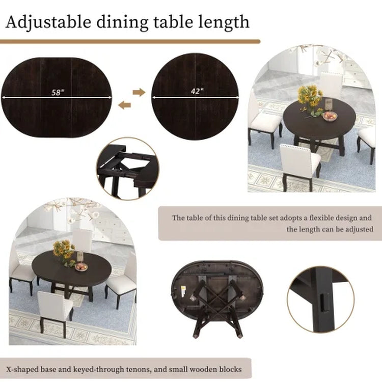 Round Dining Table Set,(5-Piece)Wood Farmhouse round Extendable Dining Table and 4 Upholstered Dining Chairs for 4 to 6 Person, Dining Room Table Set for Kitchen Room Dining Room(Espresso)