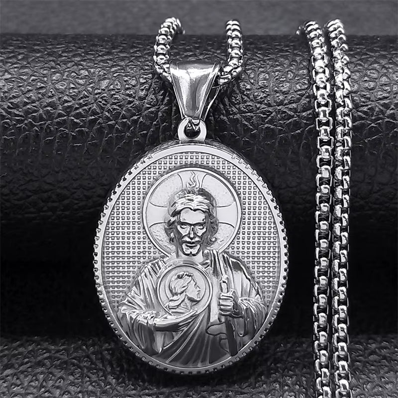 SAINT JUDE Pray for Us Necklace for Women Men Stainless Steel Silver Color Christ Jesus Medal Necklace Jewelry Collar ZZ399