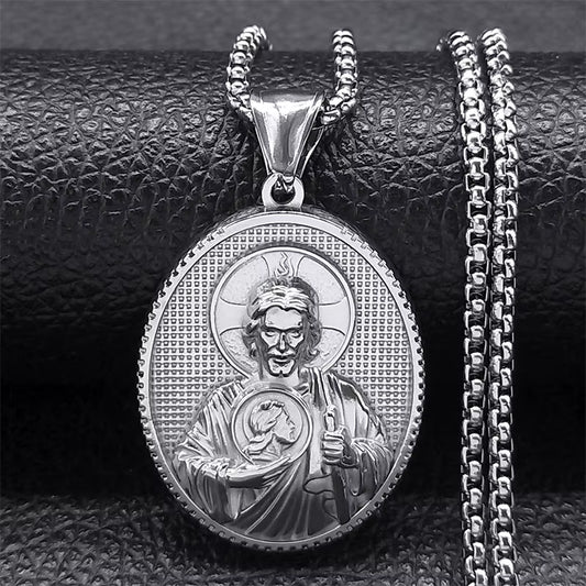 SAINT JUDE Pray for Us Necklace for Women Men Stainless Steel Silver Color Christ Jesus Medal Necklace Jewelry Collar ZZ399