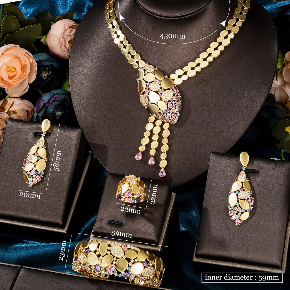 NEW Trendy 4PCS Luxury Tssels Drop Jewelry Set for Women Wedding Cubic Zircon CZ Indian African Dubai Bridal Jewelry