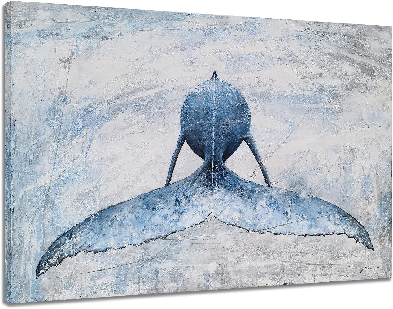 Coastal Canvas Wall Art - Blue and White Whale Paintings - Modern Abstract Tropical Fish Pictures with Textured for Bathroom Bedroom Living Room Decor