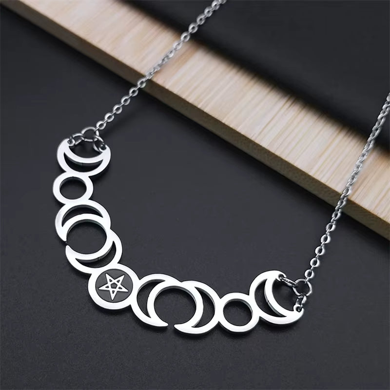 Triple Moon Goddess Sun Pentagram Stainless Steel Hecate Necklaces Witch Luna Necklace Jewelry Esotericos Y Brujeria N427
