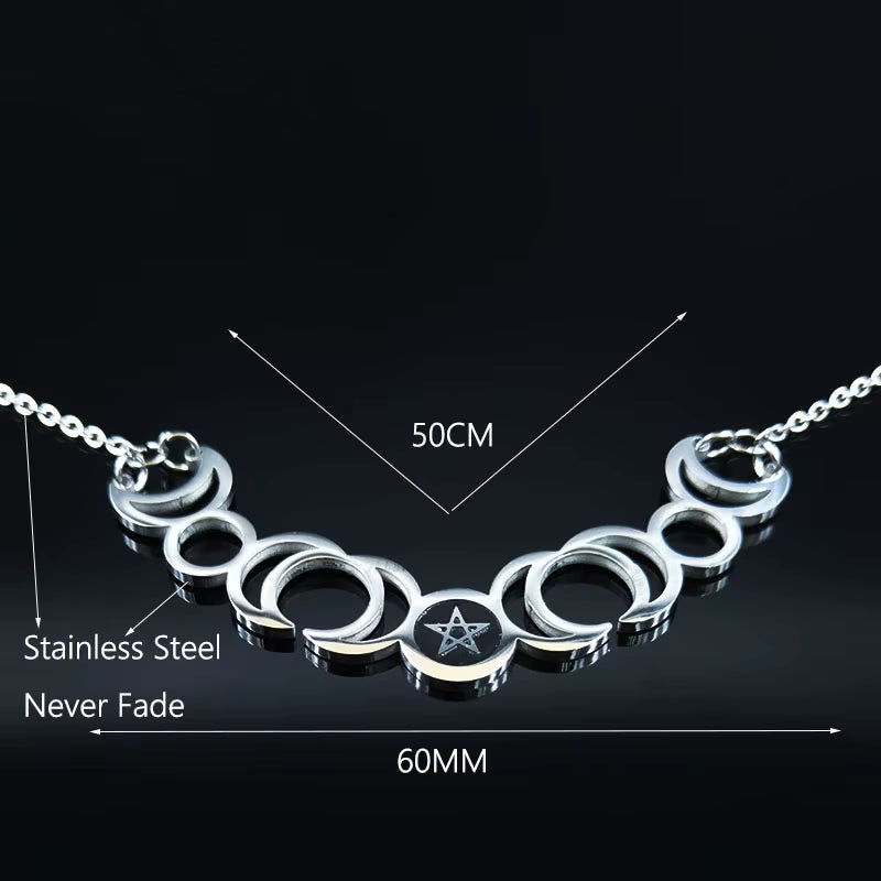 Triple Moon Goddess Sun Pentagram Stainless Steel Hecate Necklaces Witch Luna Necklace Jewelry Esotericos Y Brujeria N427
