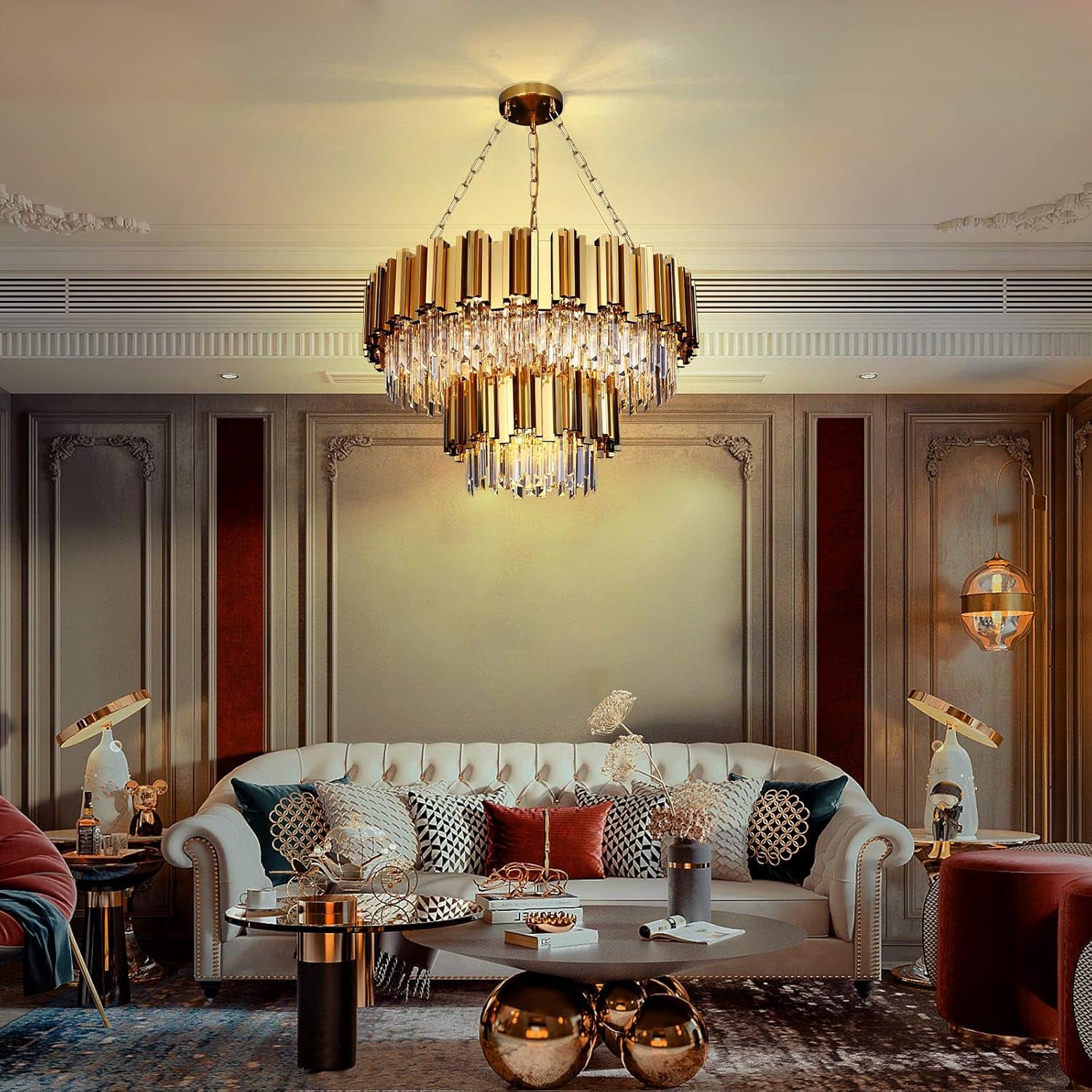Modern Crystal Chandeliers, Luxury Gold Chandelier Light Fixture, Large round Chandelier, 2-Tier Raindrop Pendant Chandelier for Living Room, Dining Room Living Room