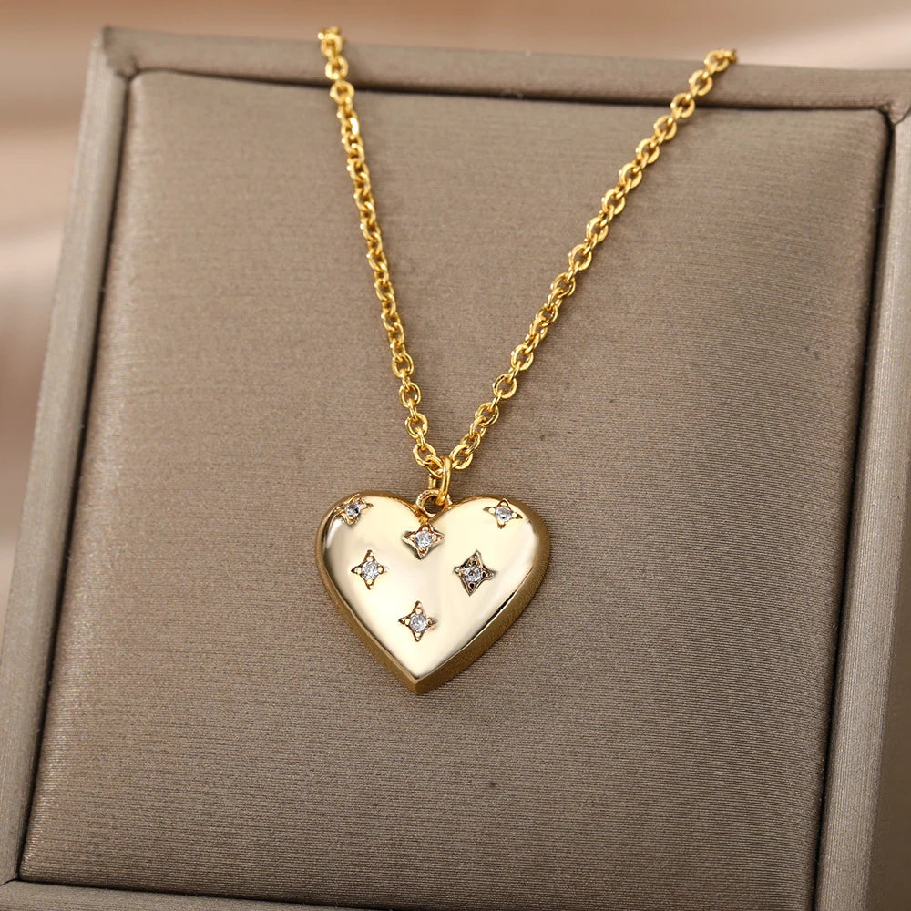 Zircon Heart Necklace for Women Stainless Steel Gold Color Star Girl Chain Collar Necklace Luxury Wedding Jewelry