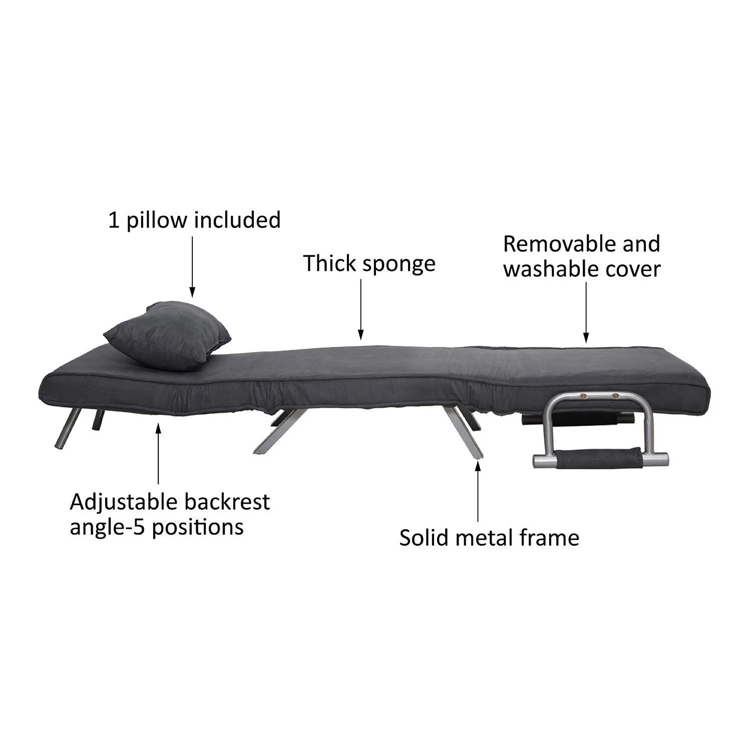 Folding Convertible Sleeper Bed Chair, Living Room, Den, or Dorm Room, Gray