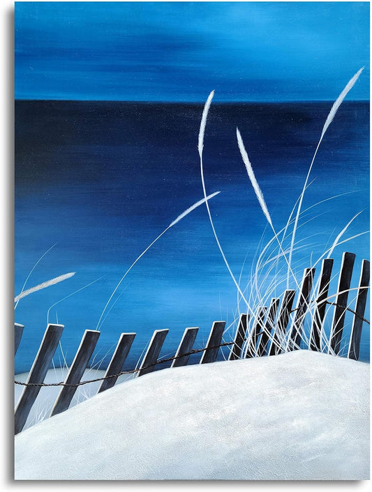 Beach Canvas Wall Art - Hand Painted Night Scenery Pictures - Coastal Painting in Royal Blue and White Color for Living Room Bedroom Bathroom Decor