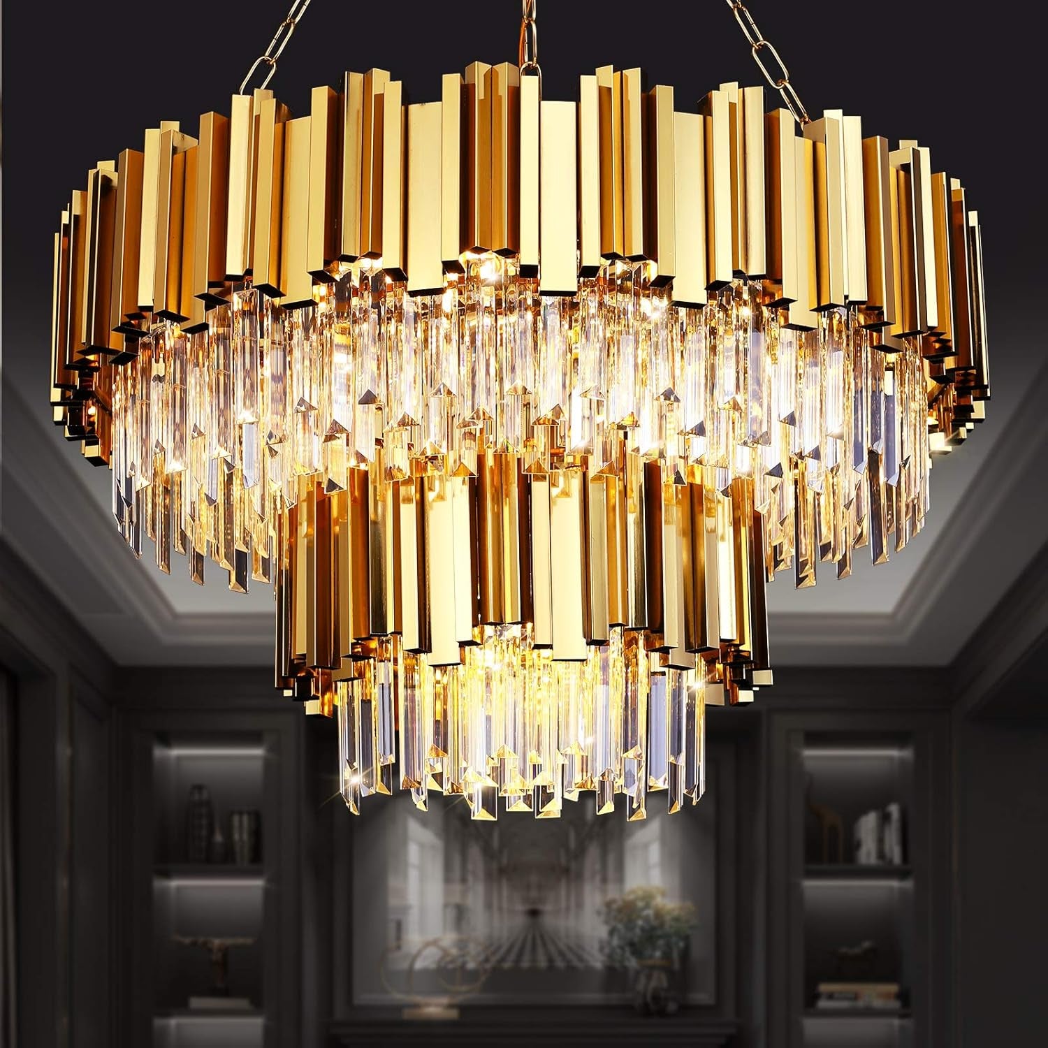 Modern Crystal Chandeliers, Luxury Gold Chandelier Light Fixture, Large round Chandelier, 2-Tier Raindrop Pendant Chandelier for Living Room, Dining Room Living Room