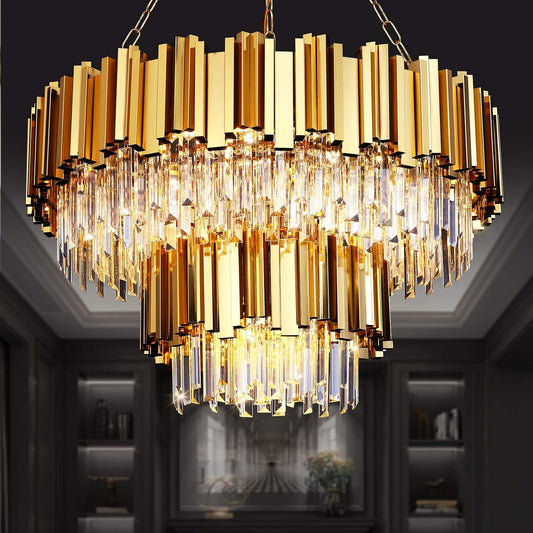 Modern Crystal Chandeliers, Luxury Gold Chandelier Light Fixture, Large round Chandelier, 2-Tier Raindrop Pendant Chandelier for Living Room, Dining Room Living Room