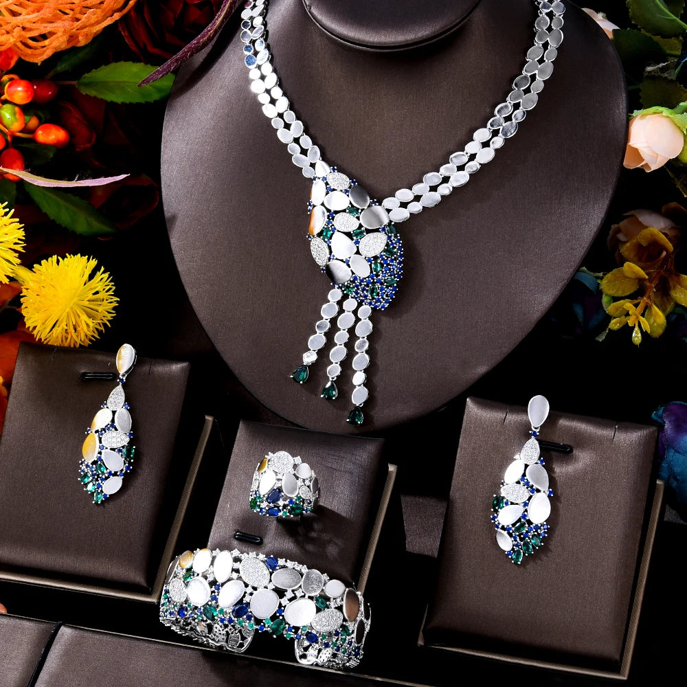 NEW Trendy 4PCS Luxury Tssels Drop Jewelry Set for Women Wedding Cubic Zircon CZ Indian African Dubai Bridal Jewelry