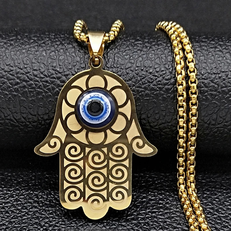 Blue Turkish Demon Eye Hamasa Hand Stainless Steel Hand of Fatima Necklace Women Men Necklace Jewelry Collares Mujer N1139S02